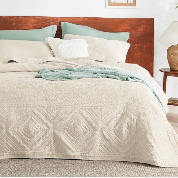 Boho Quilt Queen Size Beige Modern Geometric Stitched Quilted Bedding Sets